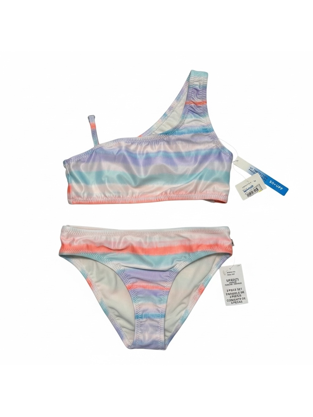 NWT Lucky Brand Girls Swimsuit Size 7 Small 2 Piece One Shoulder Pastel Stripe
